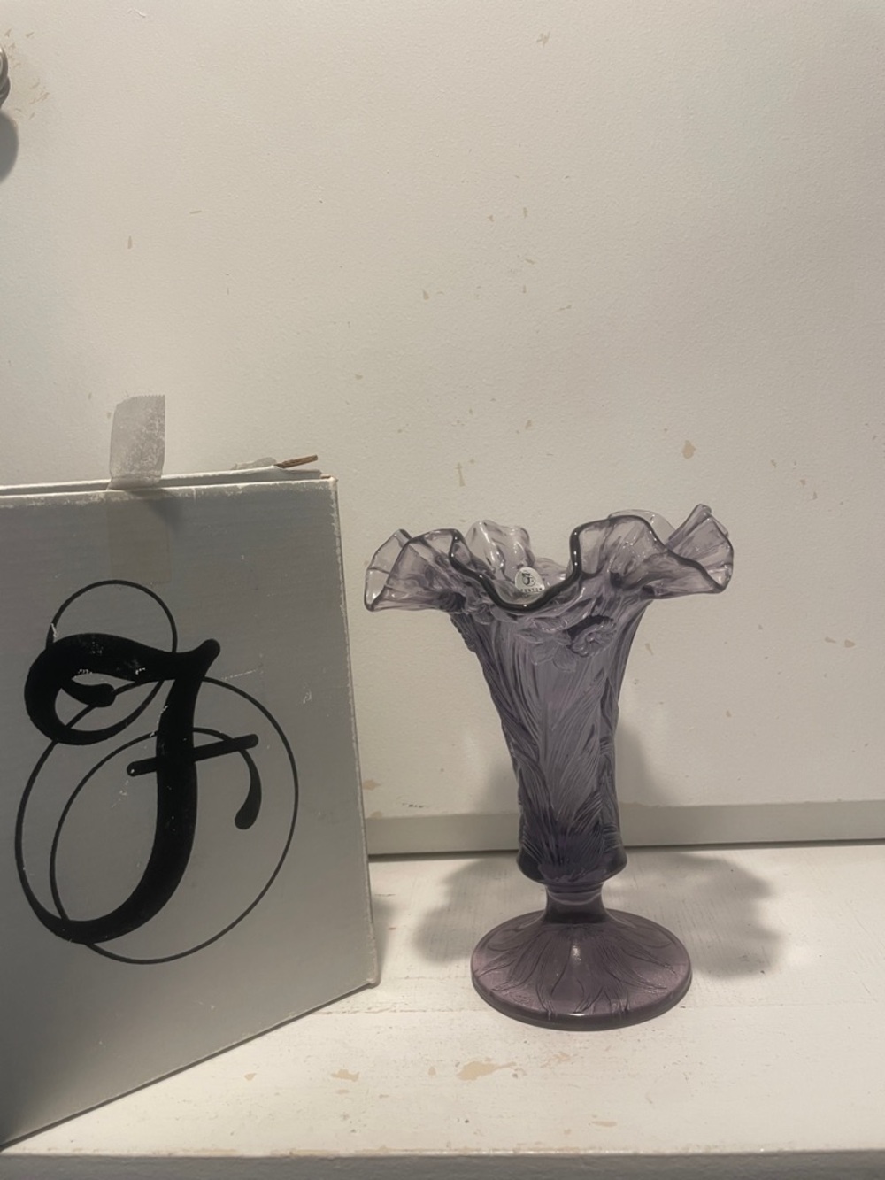 Fenton Purple Amethyst Embossed Daffodils 7in Vase Ruffled Rim